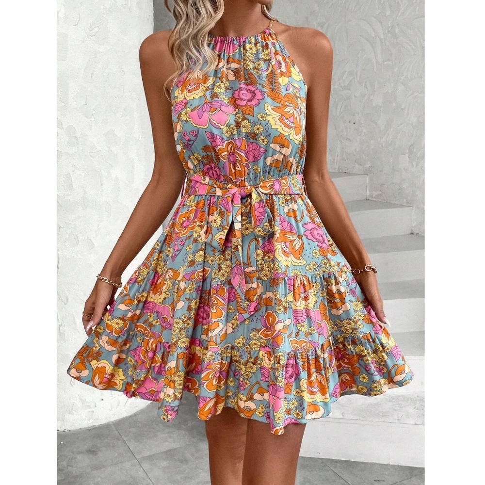 Floral Multicolor Halter Style Flowy Ruffle Mini Dress Tie Belt  Sleeveless - Picture 2 of 6